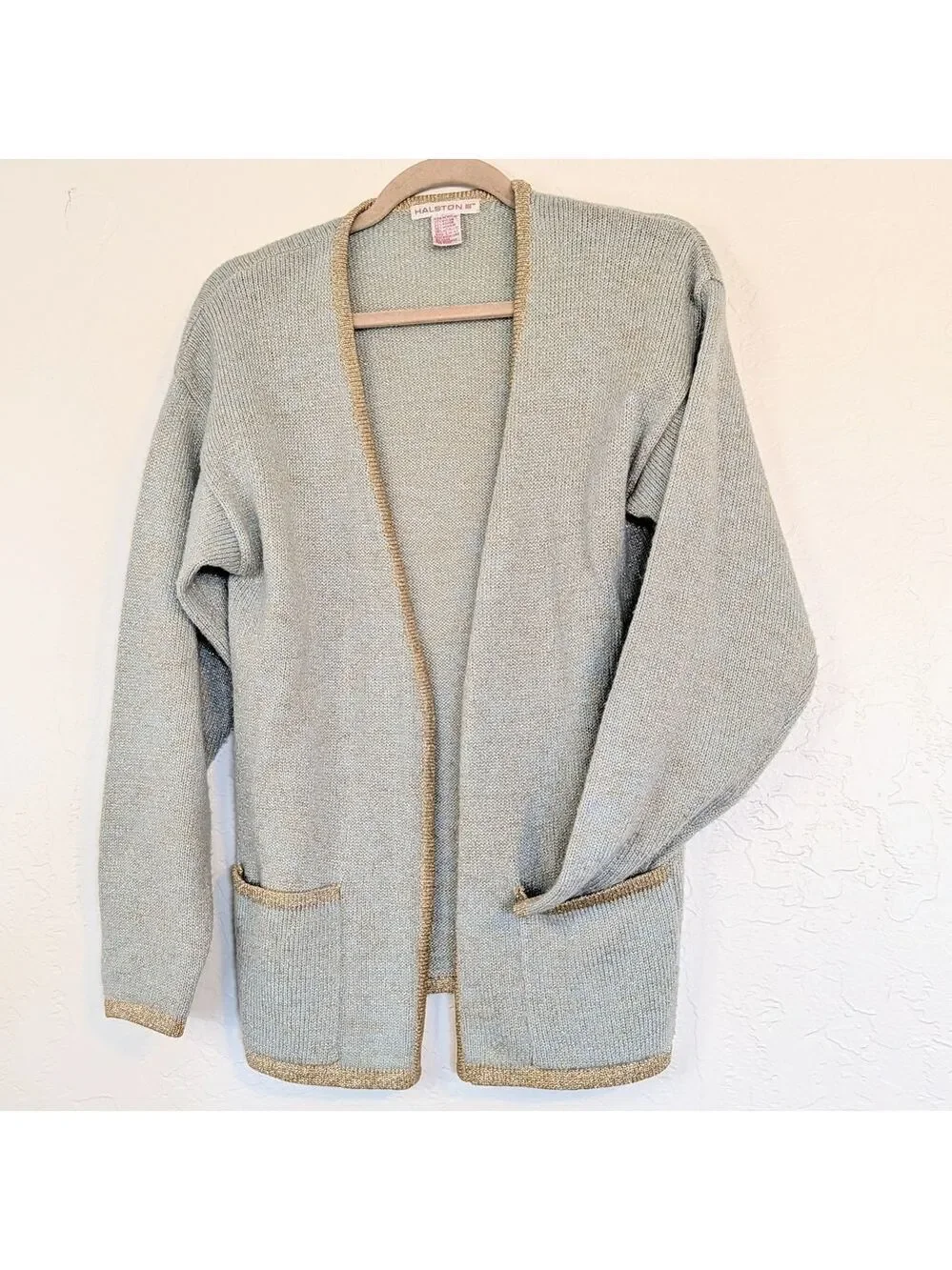 VTG Cardigan Short Sleeve Sweater Set Light Mint Green Gold Trim 80s Grandmacore